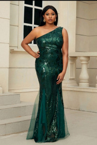 P048 Green One Shoulder Sequin Dress